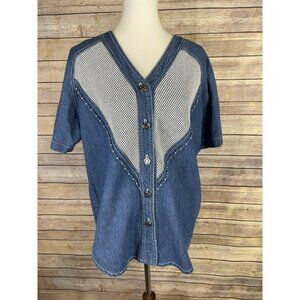 Vintage Monique Fashions 12 Petite Denim Western Top Button Up Blue Jean Boho